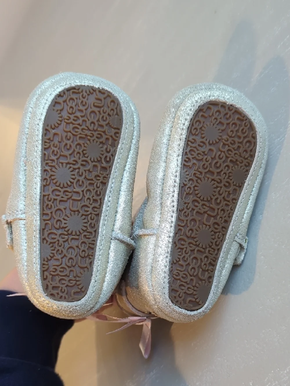 UGG Metallic Gold Baby Booties with Pink Bows